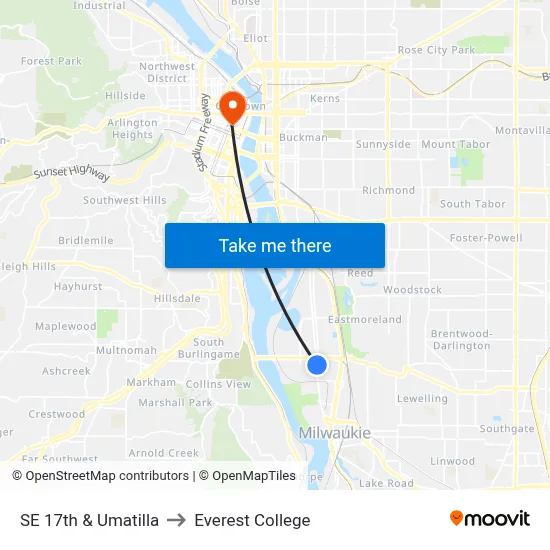 SE 17th & Umatilla to Everest College map