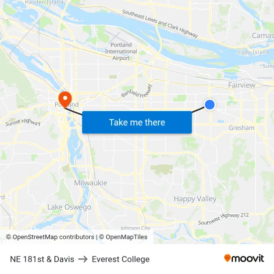 NE 181st & Davis to Everest College map