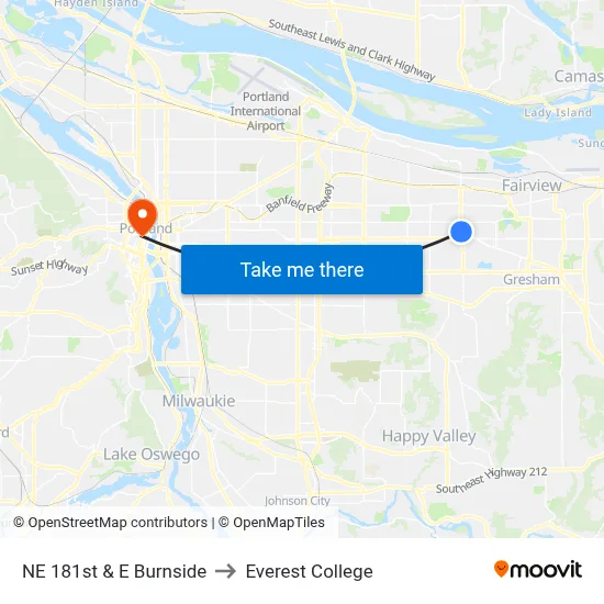 NE 181st & E Burnside to Everest College map