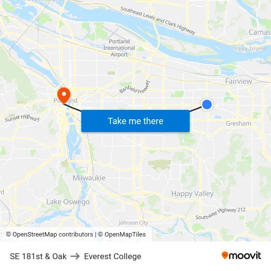 SE 181st & Oak to Everest College map