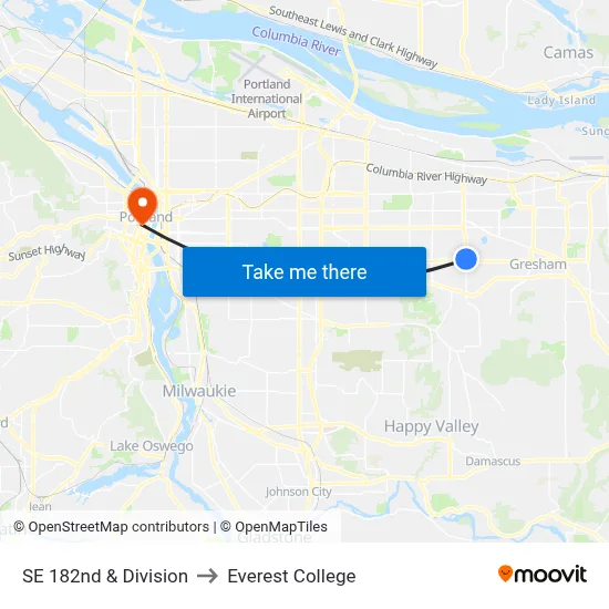 SE 182nd & Division to Everest College map