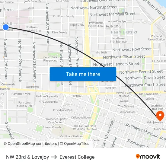 NW 23rd & Lovejoy to Everest College map