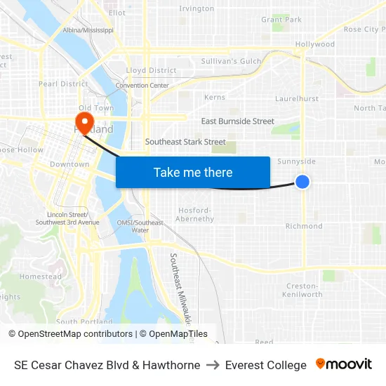 SE Cesar Chavez Blvd & Hawthorne to Everest College map
