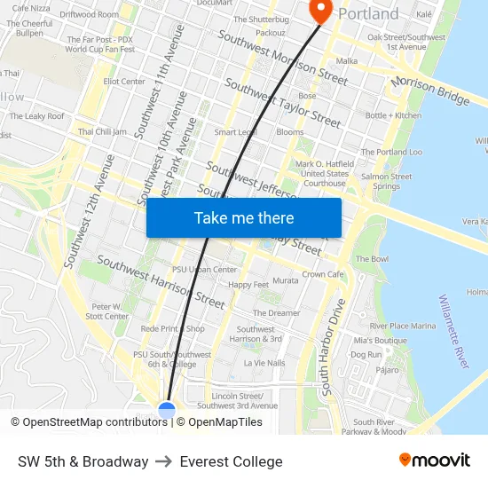 SW 5th & Broadway to Everest College map
