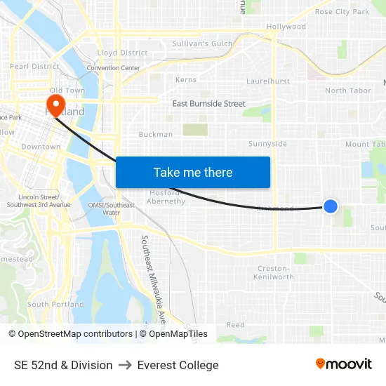 SE 52nd & Division to Everest College map