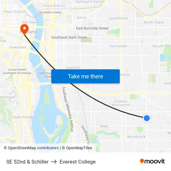 SE 52nd & Schiller to Everest College map