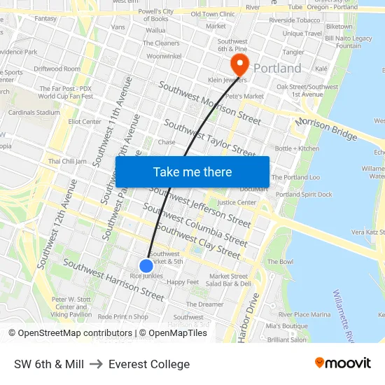 SW 6th & Mill to Everest College map