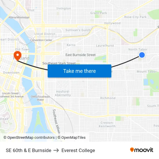 SE 60th & E Burnside to Everest College map