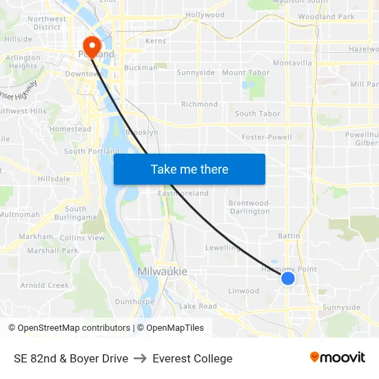 SE 82nd & Boyer Drive to Everest College map