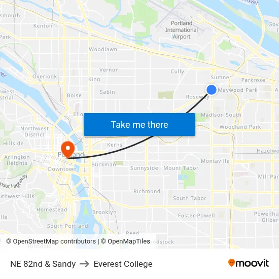 NE 82nd & Sandy to Everest College map