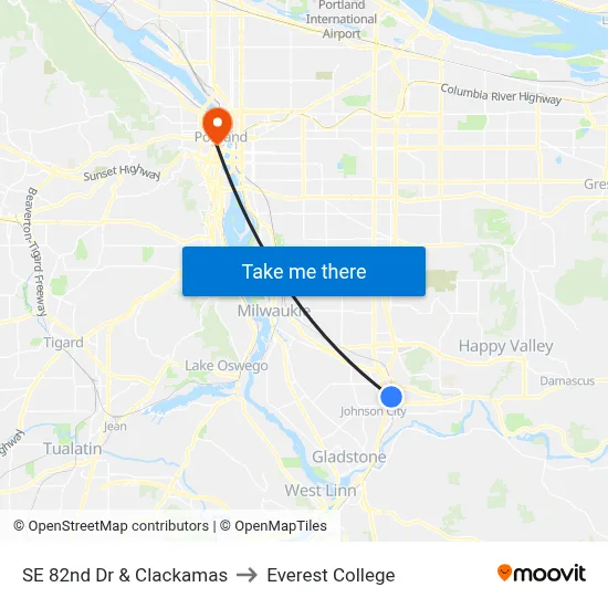 SE 82nd Dr & Clackamas to Everest College map