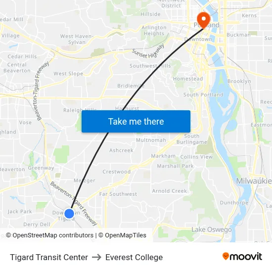 Tigard Transit Center to Everest College map