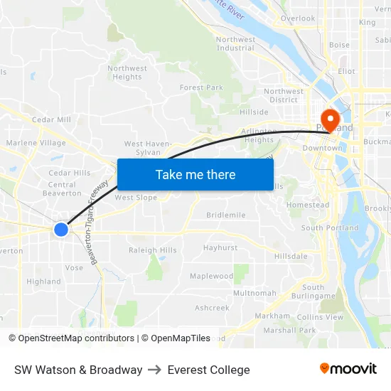 SW Watson & Broadway to Everest College map