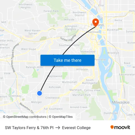 SW Taylors Ferry & 76th Pl to Everest College map
