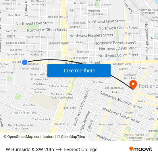W Burnside & SW 20th to Everest College map