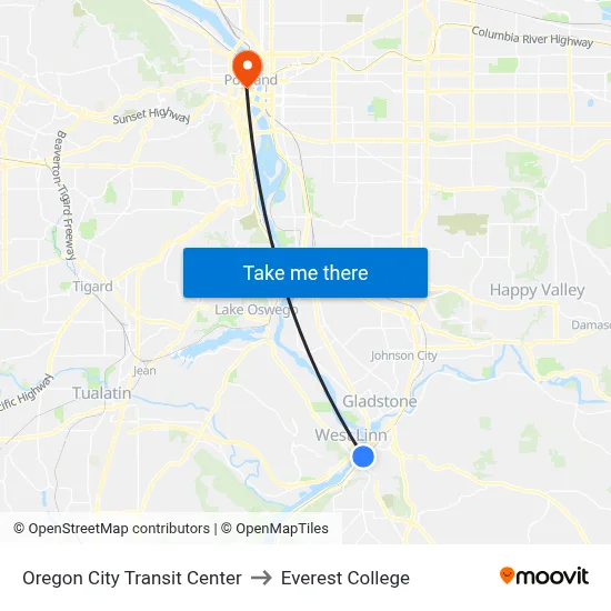 Oregon City Transit Center to Everest College map