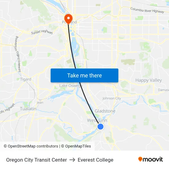 Oregon City Transit Center to Everest College map