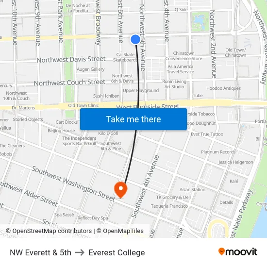 NW Everett & 5th to Everest College map