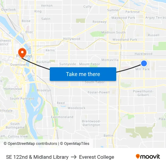 SE 122nd & Midland Library to Everest College map
