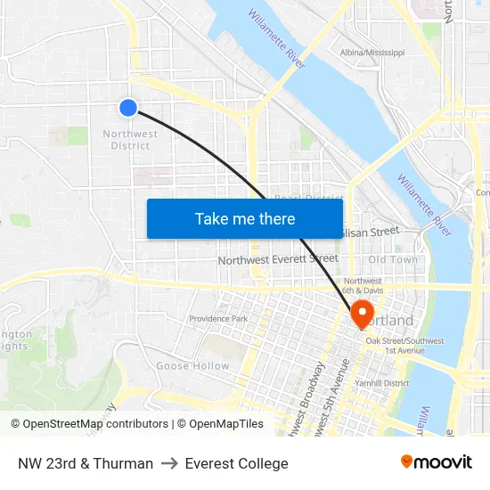 NW 23rd & Thurman to Everest College map