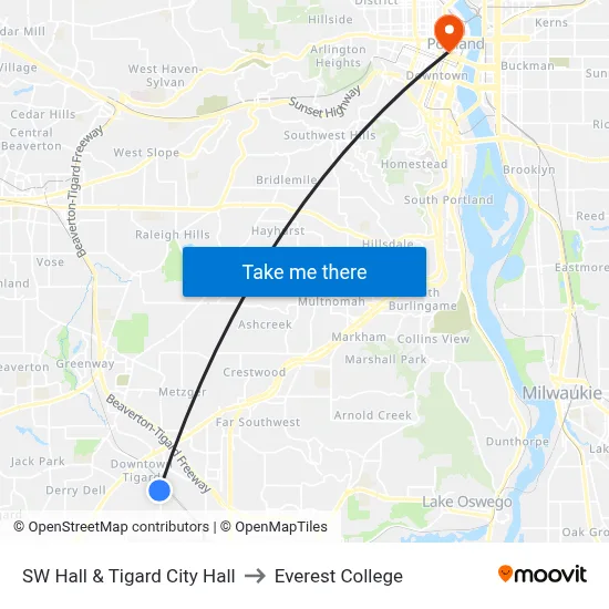 SW Hall & Tigard City Hall to Everest College map