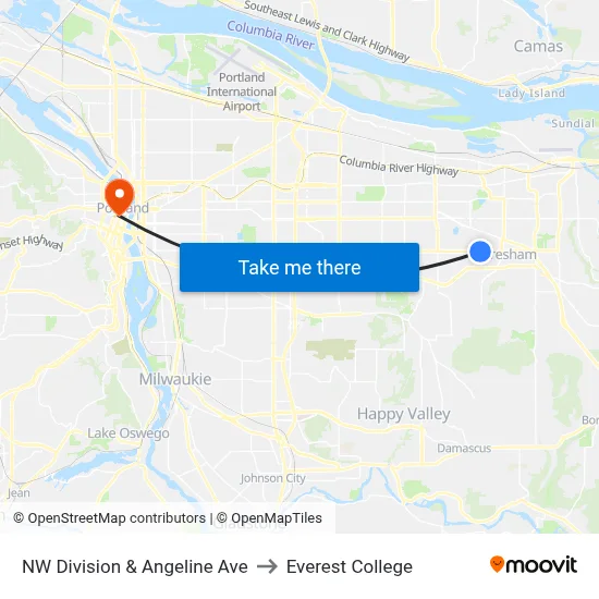 NW Division & Angeline Ave to Everest College map