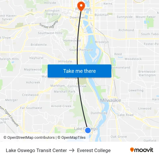 Lake Oswego Transit Center to Everest College map