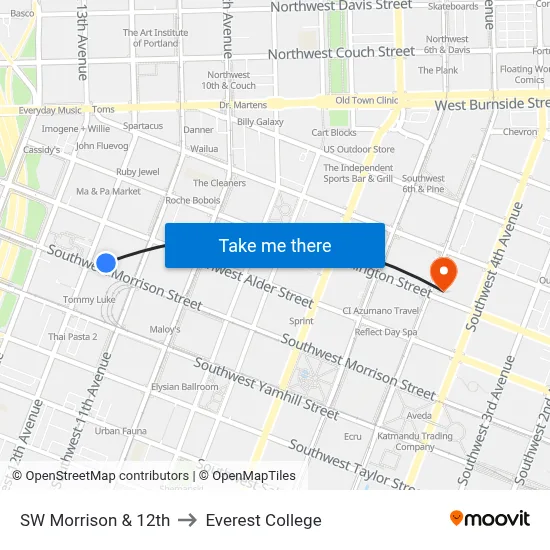 SW Morrison & 12th to Everest College map