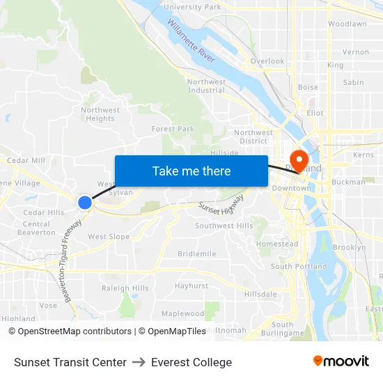 Sunset Transit Center to Everest College map