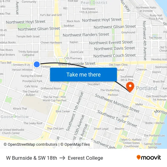 W Burnside & SW 18th to Everest College map