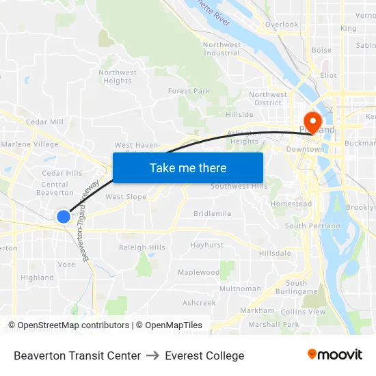 Beaverton Transit Center to Everest College map