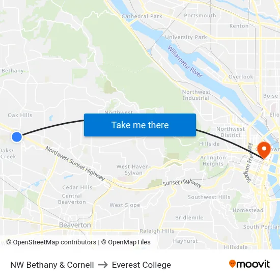 NW Bethany & Cornell to Everest College map