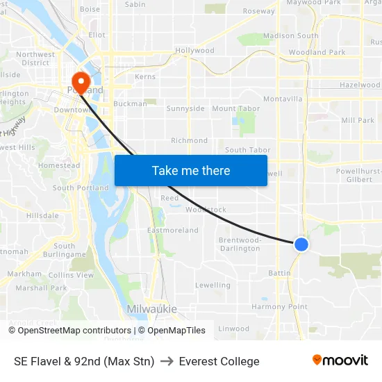 SE Flavel & 92nd (Max Stn) to Everest College map
