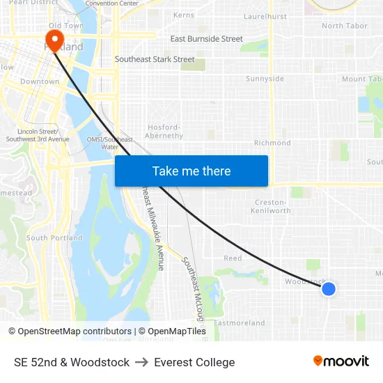 SE 52nd & Woodstock to Everest College map