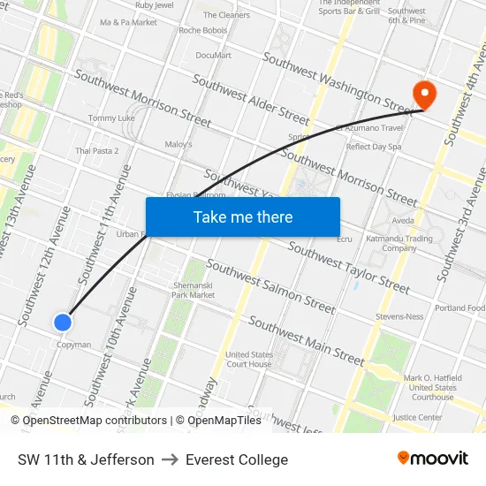 SW 11th & Jefferson to Everest College map