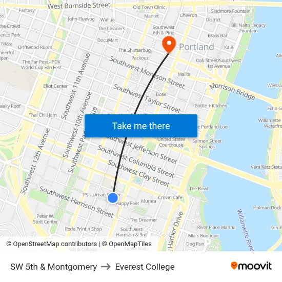 SW 5th & Montgomery to Everest College map