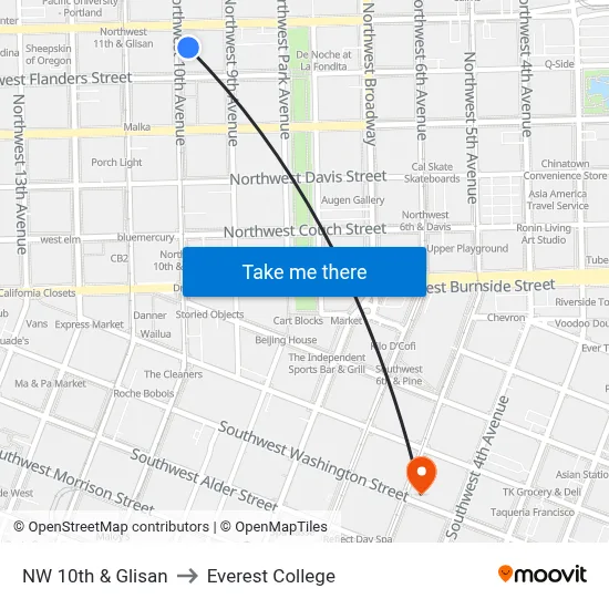 NW 10th & Glisan to Everest College map