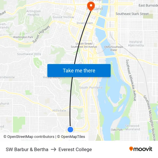 SW Barbur & Bertha to Everest College map