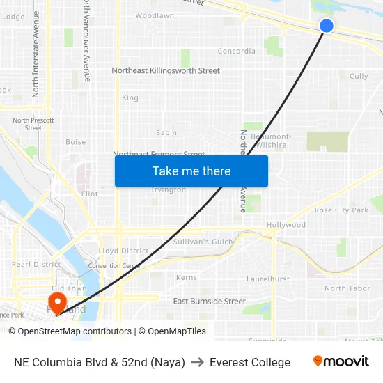 NE Columbia Blvd & 52nd (Naya) to Everest College map