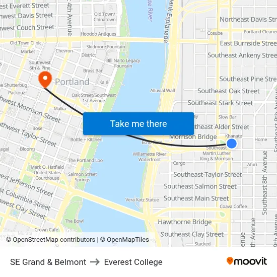 SE Grand & Belmont to Everest College map
