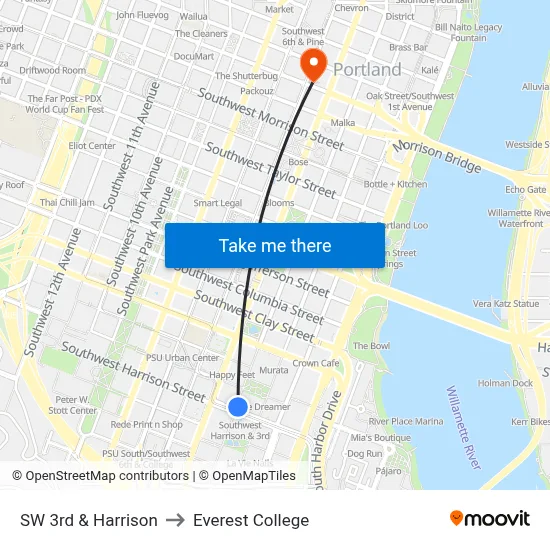 SW 3rd & Harrison to Everest College map