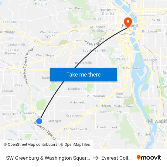 SW Greenburg & Washington Square Rd to Everest College map