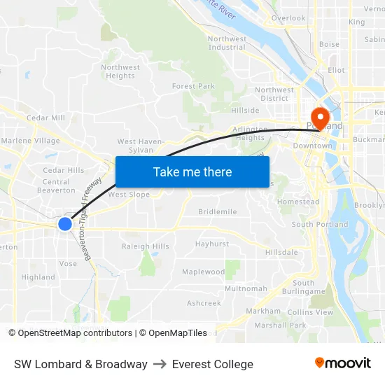 SW Lombard & Broadway to Everest College map