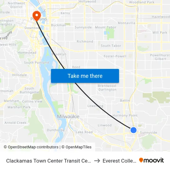 Clackamas Town Center Transit Center to Everest College map