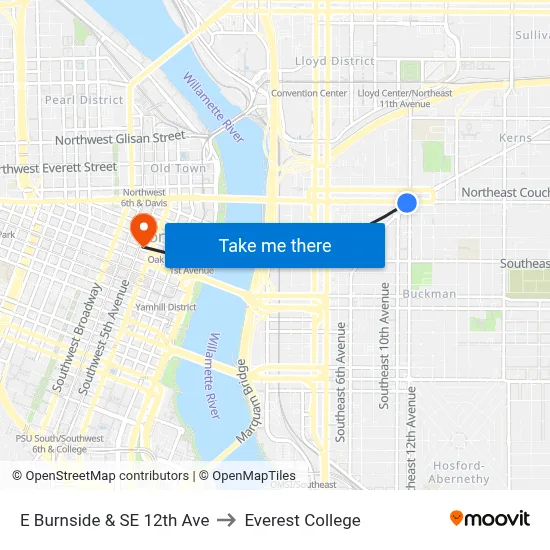 E Burnside & SE 12th Ave to Everest College map