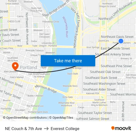 NE Couch & 7th Ave to Everest College map