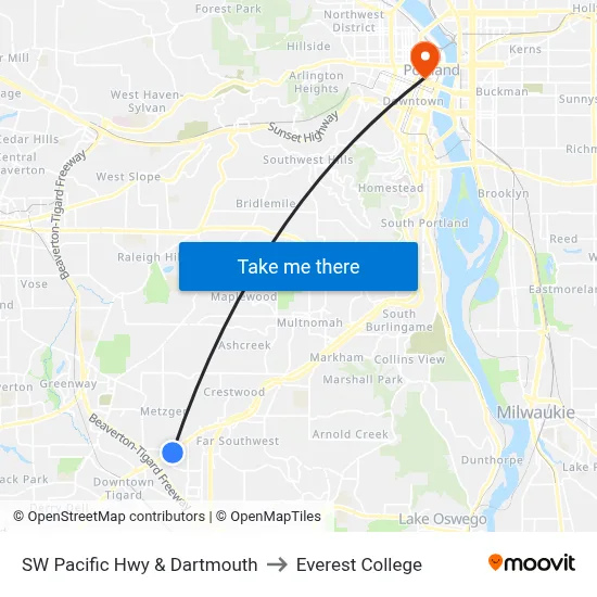 SW Pacific Hwy & Dartmouth to Everest College map