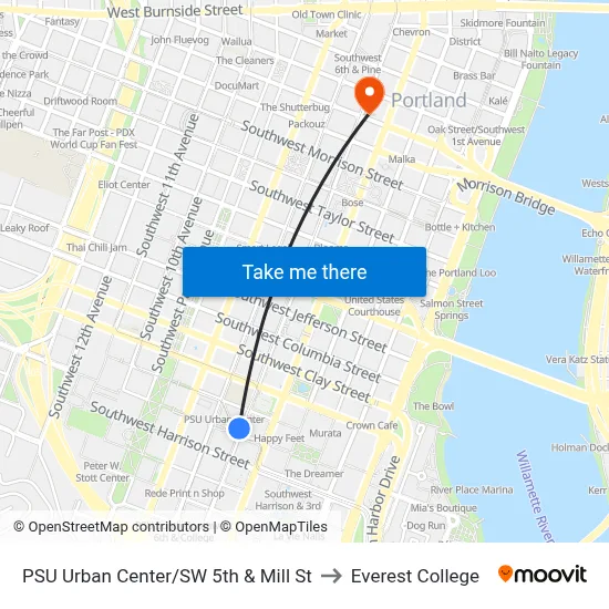 PSU Urban Center/SW 5th & Mill St to Everest College map