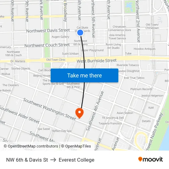 NW 6th & Davis St to Everest College map