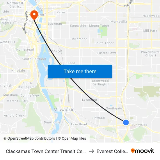 Clackamas Town Center Transit Center to Everest College map